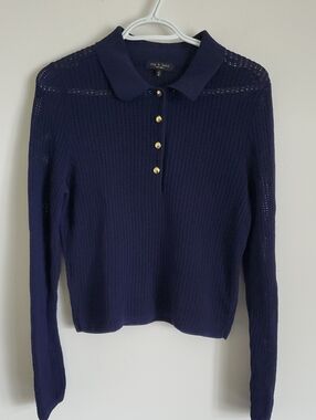 rag & bone Viola Open Stitch Polo Sweater Navy Gold Buttons